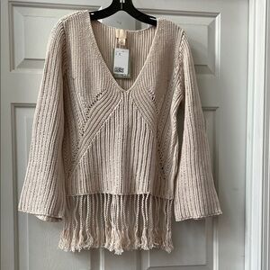H&M Cream V-Neck Sweater with Fringe